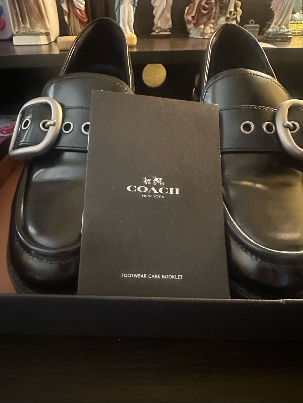 NEW COACH Women’s Black Leather Loafers With Silver Buckle - Still In Box